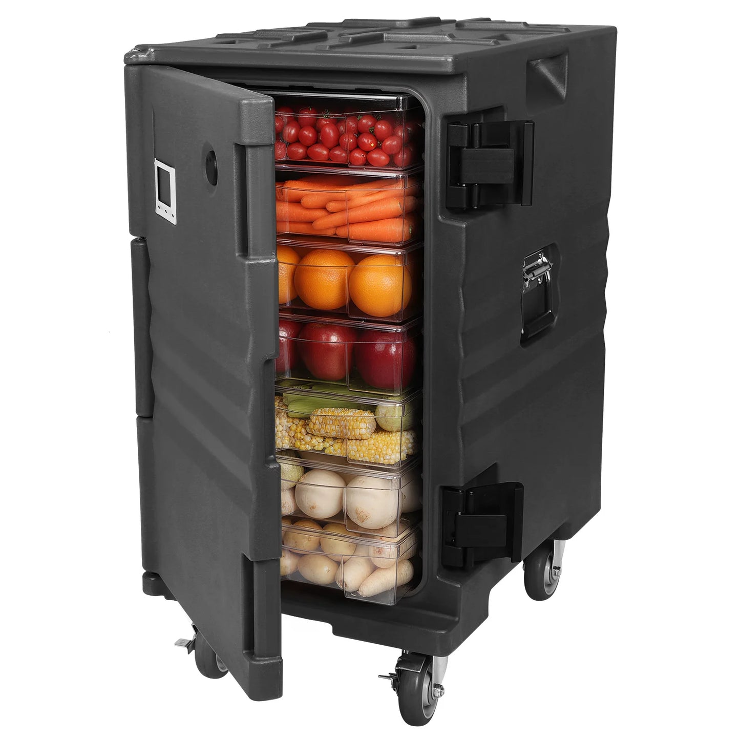 118QT Front Loading Insulated Food Pan Carrier Stackable Catering Dishbox with Wheels W/Handles for Restaurant Canteen
