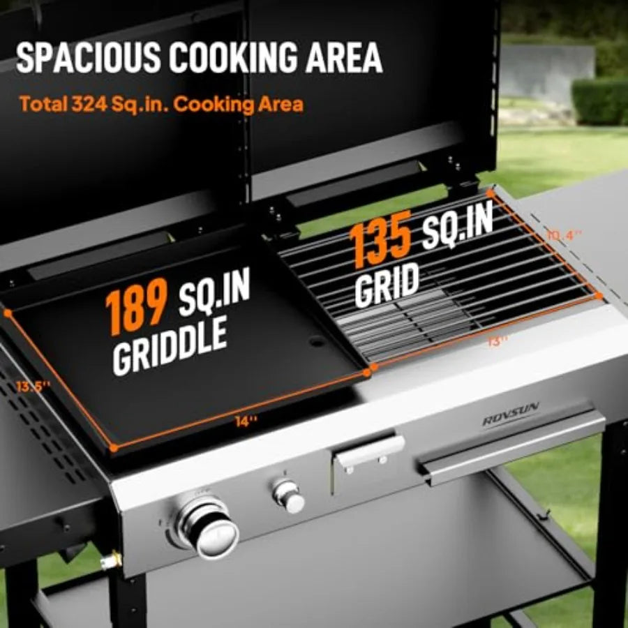 2-in-1 Propane Gas and Charcoal Grill Combo with Lid 12000BTU Flat Top Griddle Charcoal BBQ Grill with Electronic Ignition Enam