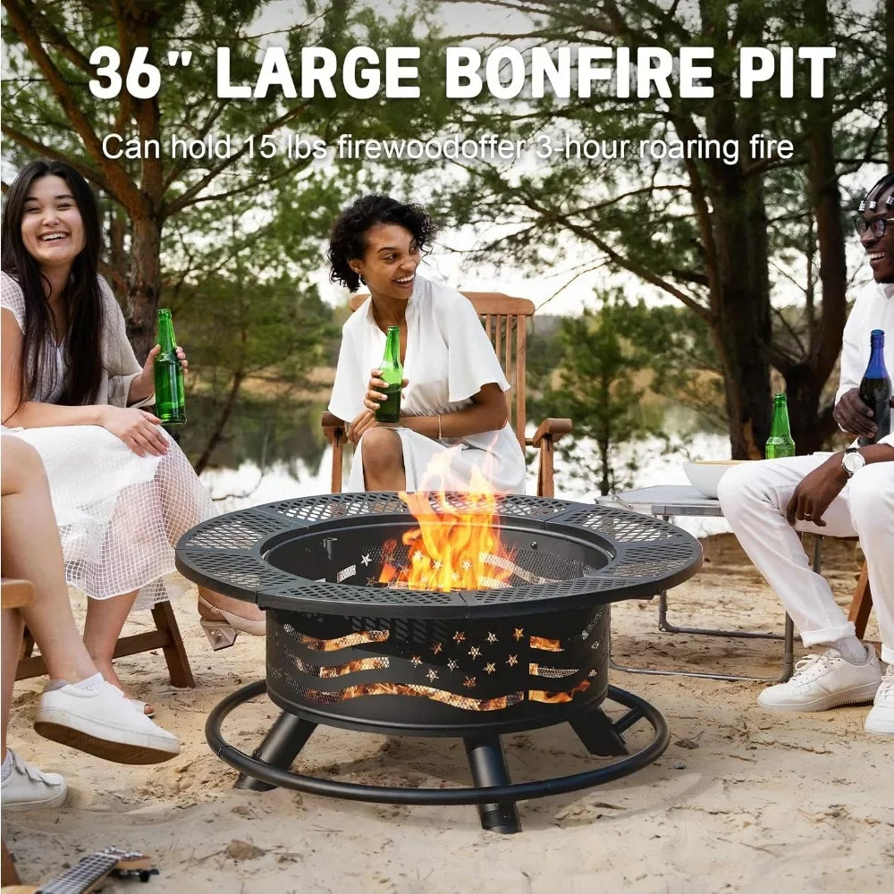 Fire Pit with 2 Cooking Grates, Outdoor Wood Burning BBQ Grill Firepit Bowl with Cover Lid, Steel Round Table for Customized