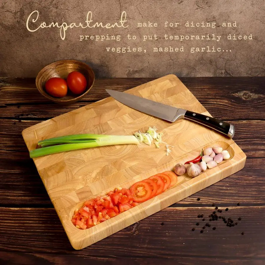 Butcher Block End Grain Cutting Board 17x13x1.5in Reversible Multipurpose Chopping Board with Juice Groove, Cracker Holder amp I