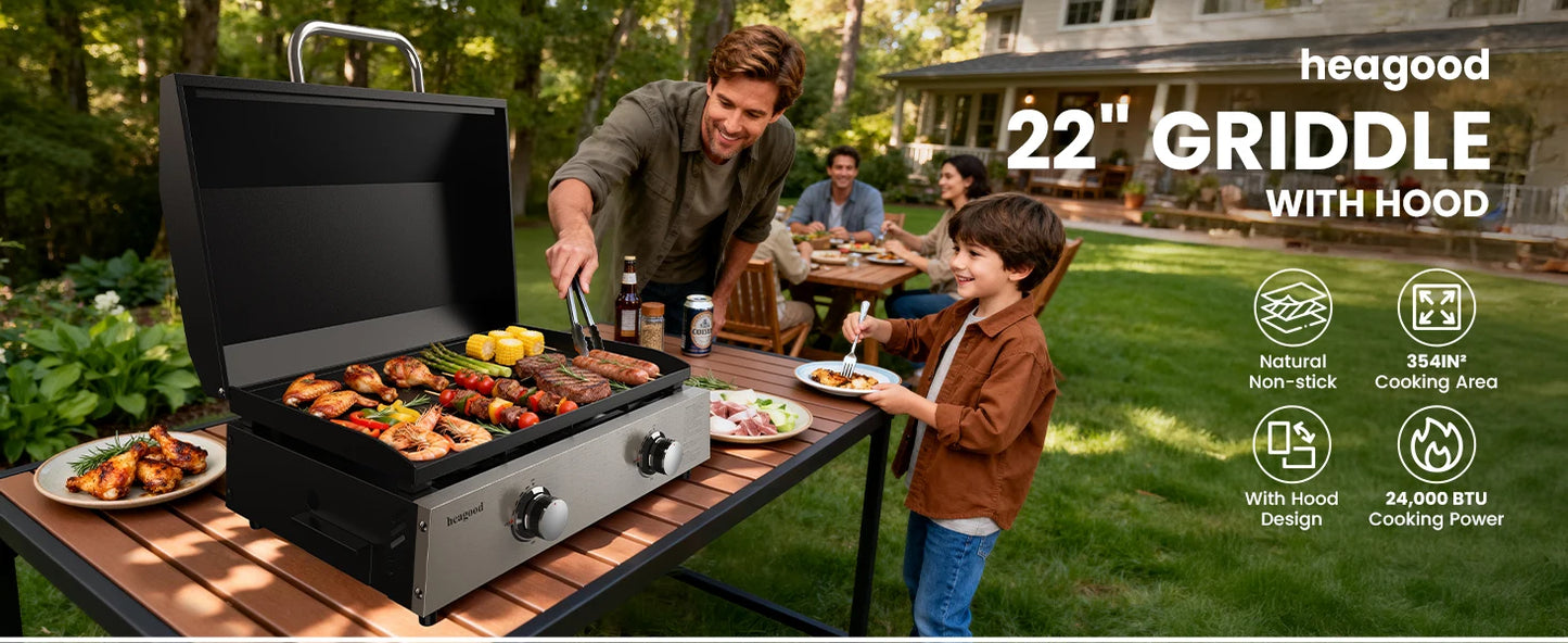 Flat Top Gill, Outdoor Griddle 22” Tabletop Gas Griddle with Hood for Outdoor Camping (24000 BTU, 2 Burner, Carbon Steel Plate)