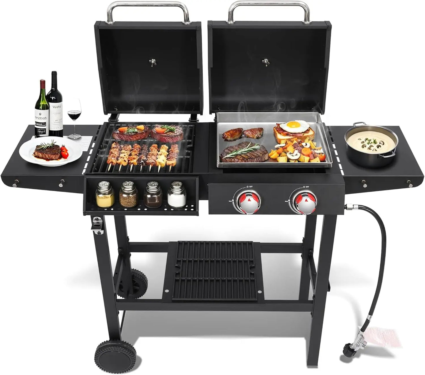 Gas and Charcoal Grill Combo, BBQ Grills with Cast Iron Grill Grates and Stainless Steel Flat Top Griddle, 2 Burner, Customized