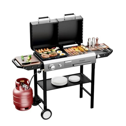 2-in-1 Propane Gas and Charcoal Grill Combo with Lid 12000BTU Flat Top Griddle Charcoal BBQ Grill with Electronic Ignition Enam