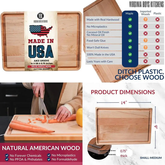 Solid Maple Wood Cutting Board - Handcrafted in USA - Premium Butcher Block for Kitchen Use