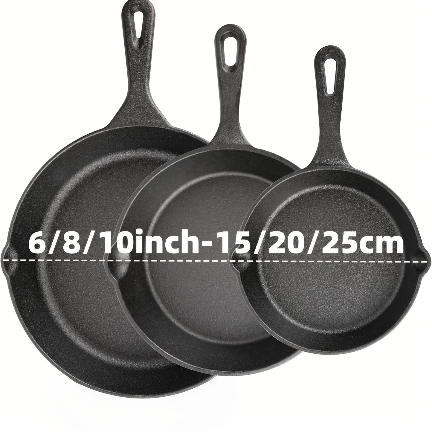 3-Piece Cast Iron Skillet Set (6/8/10 Inch) - Pre-Seasoned, Non-Stick, Heavy-Duty Pans for Oven, Grill & Campfire Cooking, see optional pizza pan
