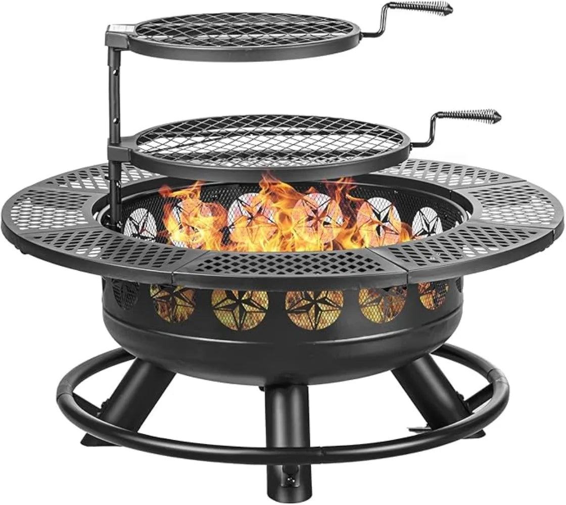 36 Inch Fire Pit with 2 Cooking Grills,Outdoor Wood Burning BBQ Firepit with Lid, 3-in-1 Outdoor Fire Pit for Backyard Deck