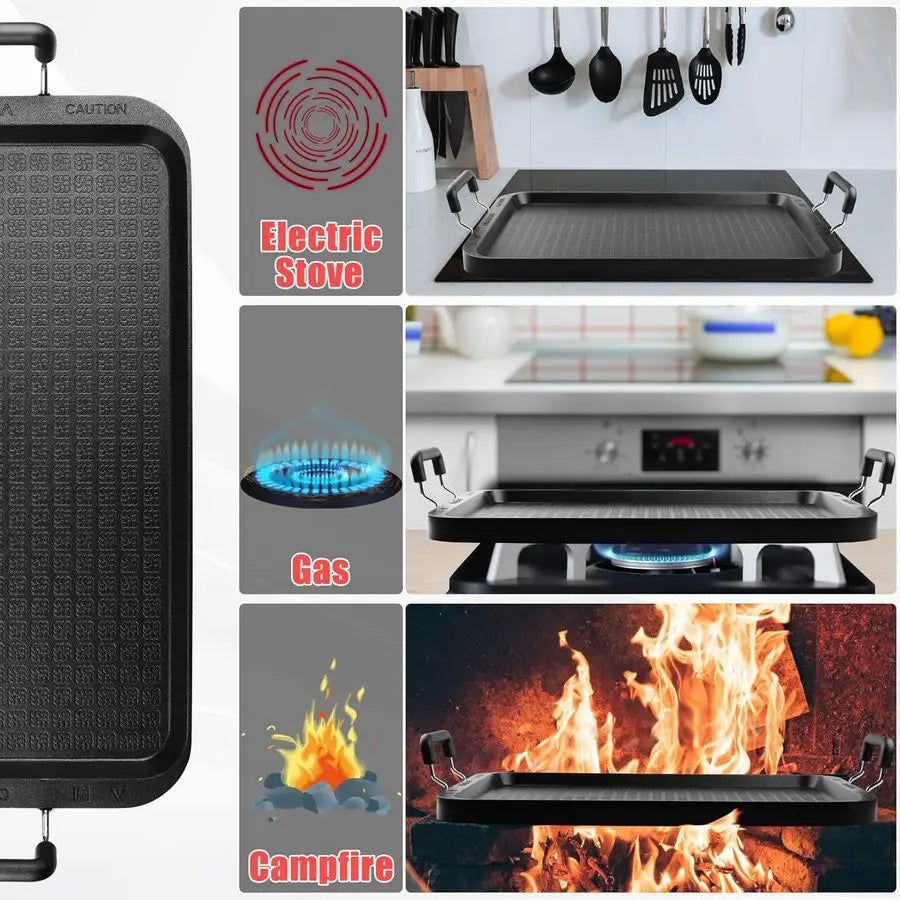 Stove Top Flat Griddle, 17 Inch 2 Burner Griddle Pan for Stove Top Grill, Aluminum Pancake pan, NonStick Charcoal Grill For Outd