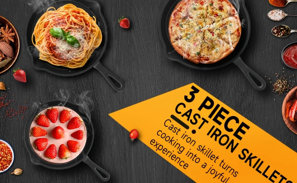 3-Piece Cast Iron Skillet Set (6/8/10 Inch) - Pre-Seasoned, Non-Stick, Heavy-Duty Pans for Oven, Grill & Campfire Cooking, see optional pizza pan