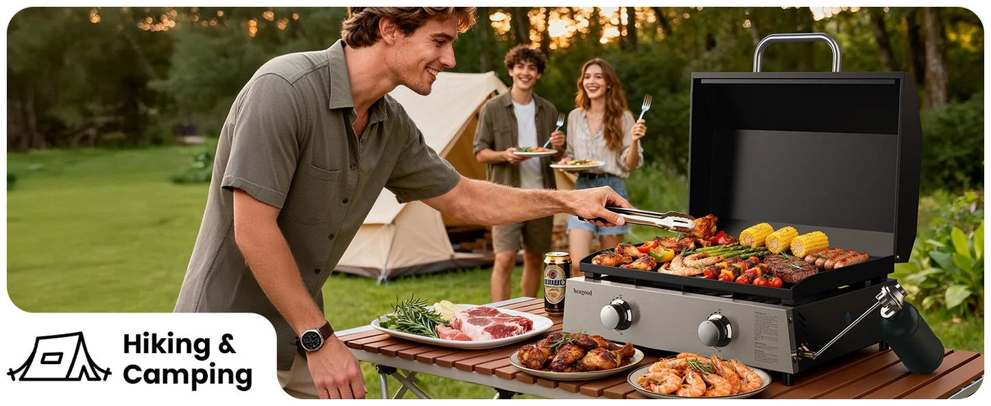 Flat Top Gill, Outdoor Griddle 22” Tabletop Gas Griddle with Hood for Outdoor Camping (24000 BTU, 2 Burner, Carbon Steel Plate)