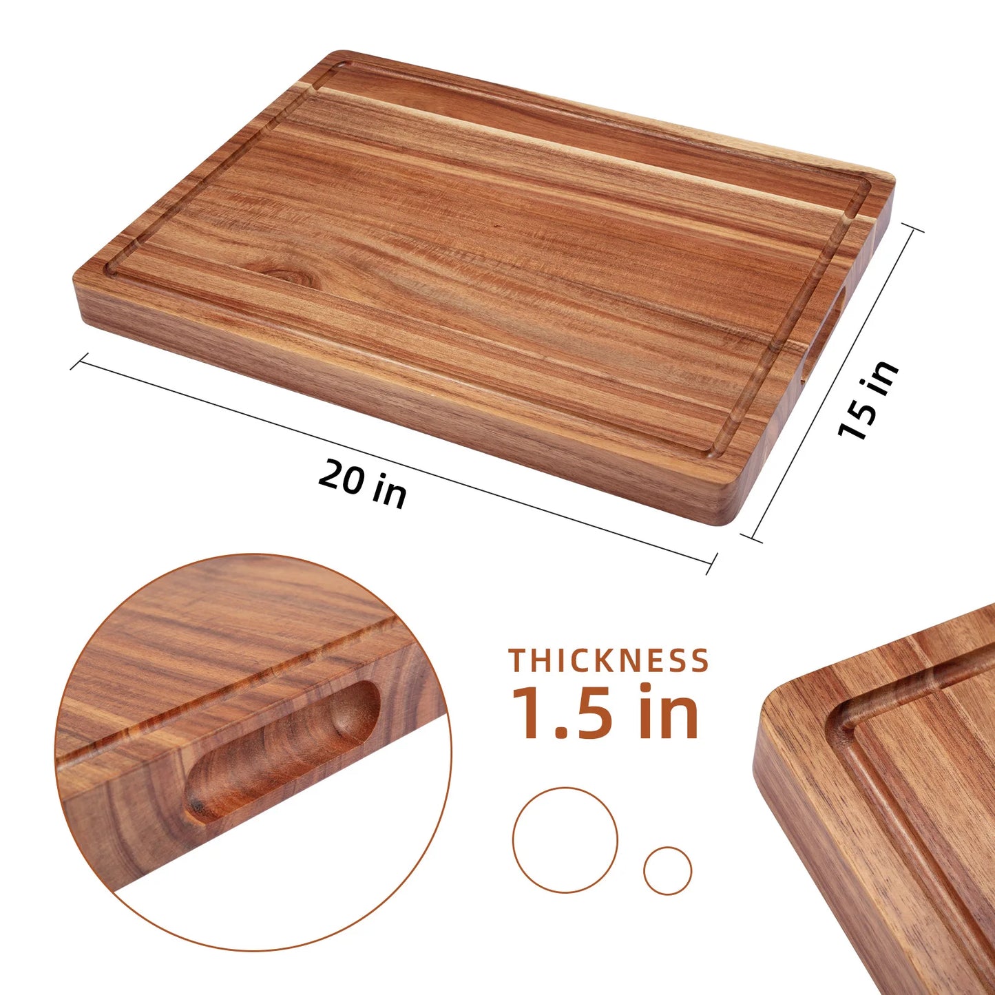 Extra Large Acacia Wood Cutting Board Thick Butcher Block Chopping Board with Side Handles for Meat Vegetables Fruit