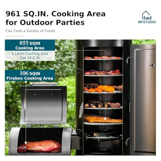 Extra Large Vertical Offset Smoker Charcoal Grill Barrel Combo with Hanging Racks and 5 Removable Grates for Outdoor BBQ Cookin