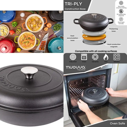 Enameled Cast Iron Shallow Dutch Oven, Non-Stick, Oven-Safe to 500°F, 3.7 Qt, 30cm, Black