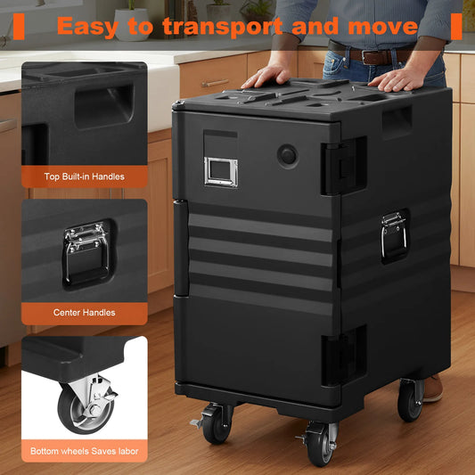 118QT Front Loading Insulated Food Pan Carrier Stackable Catering Dishbox with Wheels W/Handles for Restaurant Canteen