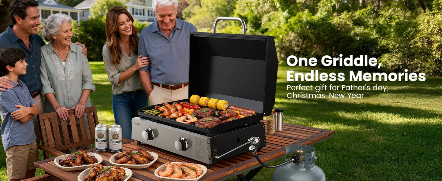 Flat Top Gill, Outdoor Griddle 22” Tabletop Gas Griddle with Hood for Outdoor Camping (24000 BTU, 2 Burner, Carbon Steel Plate)