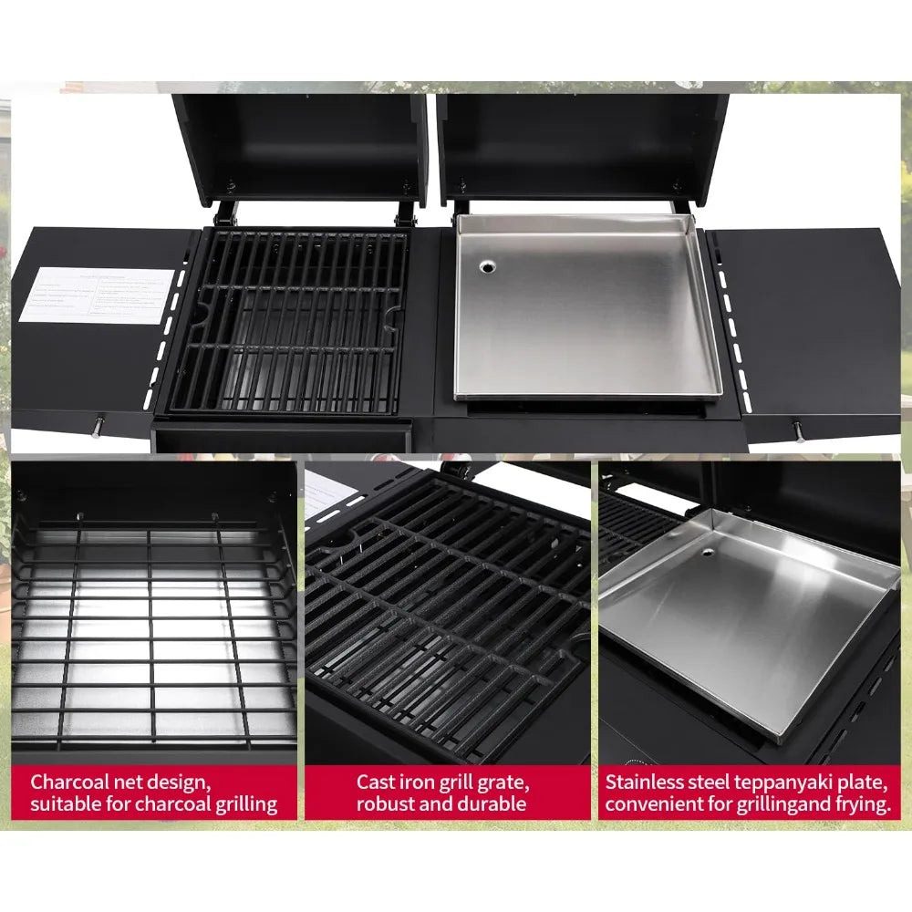 Gas and Charcoal Grill Combo, BBQ Grills with Cast Iron Grill Grates and Stainless Steel Flat Top Griddle, 2 Burner, Customized