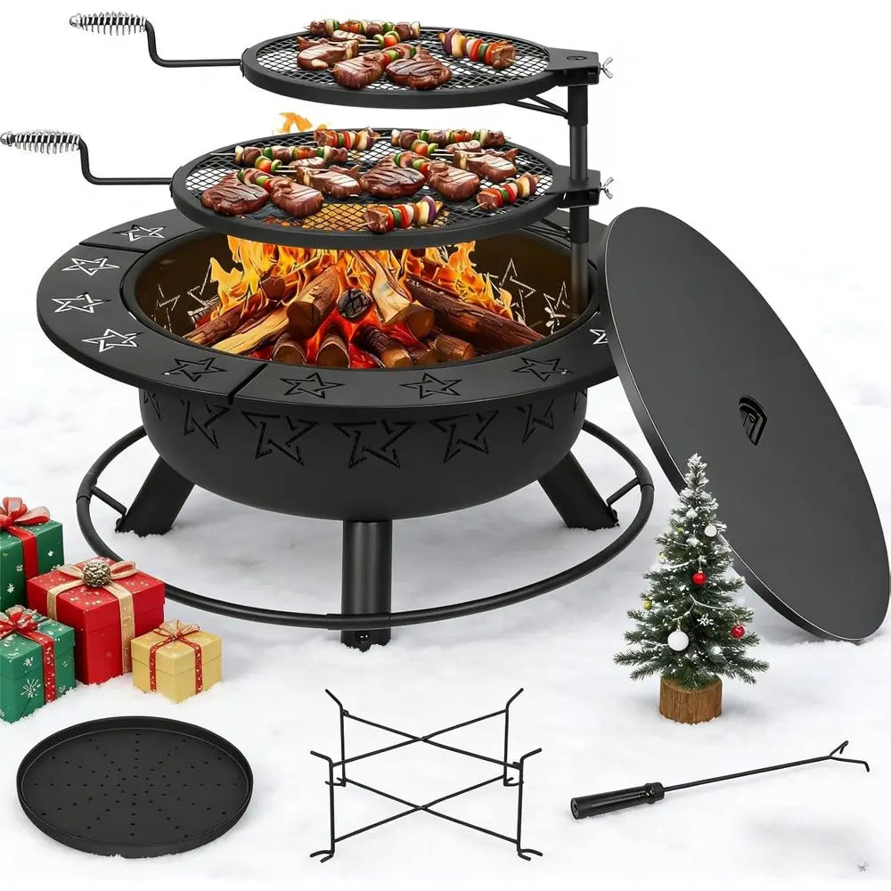 3-in-1 Outdoor Fire Pit Table: Wood-Burning, BBQ, and Patio Dining with Grills, Charcoal Pan, and Accessories
