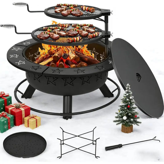 3-in-1 Outdoor Fire Pit Table: Wood-Burning, BBQ, and Patio Dining with Grills, Charcoal Pan, and Accessories