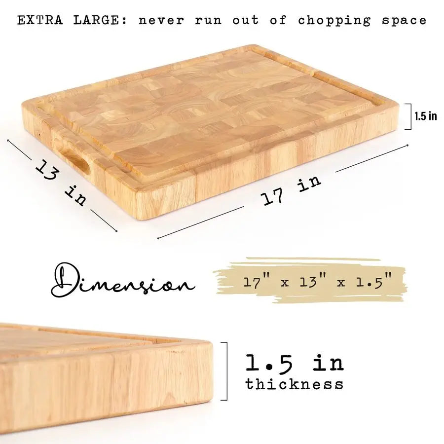 Butcher Block End Grain Cutting Board 17x13x1.5in Reversible Multipurpose Chopping Board with Juice Groove, Cracker Holder amp I