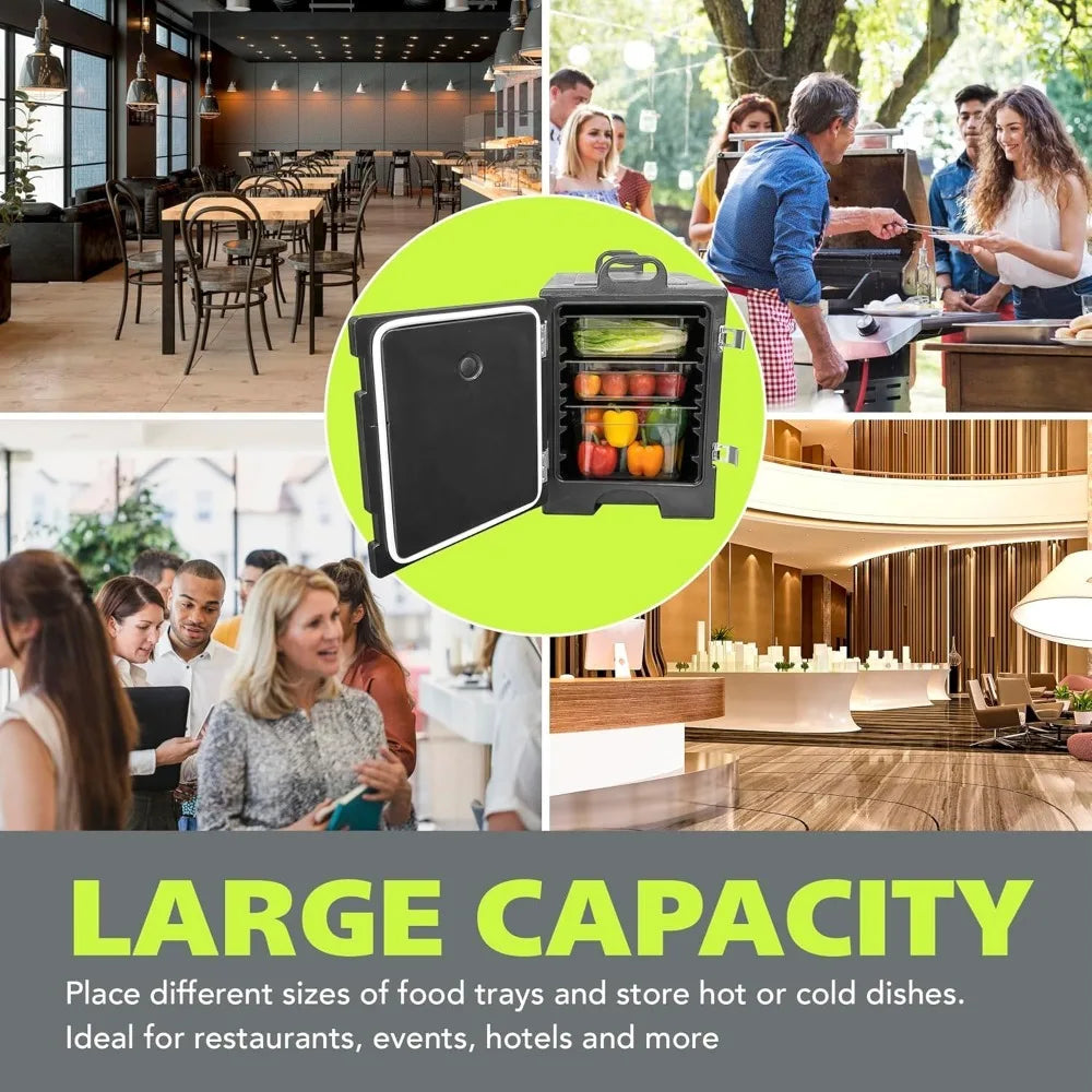 Insulated Food Pan Carrier End Loading Hot Box Warmer for 5 Full Size Pans Stackable Commercial Grade Black Stainless Steel