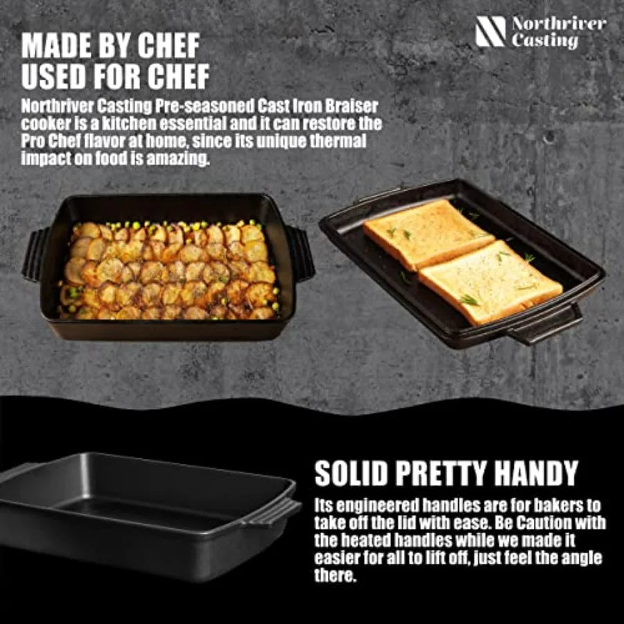2In1 Pre Seasoned Cast Iron Dutch Oven With Skillet LidCasserole Dish Rectangular Baking Pan Griddle Pot Set 6QT 9x13