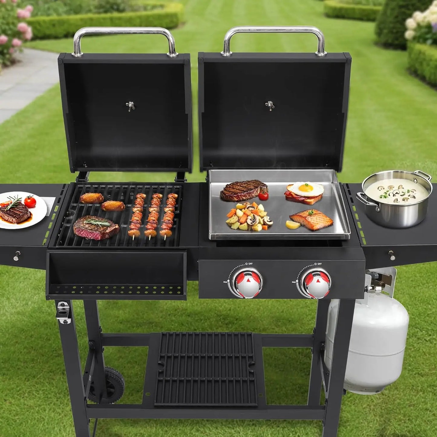 Gas and Charcoal Grill Combo, BBQ Grills with Cast Iron Grill Grates and Stainless Steel Flat Top Griddle, 2 Burner, Customized