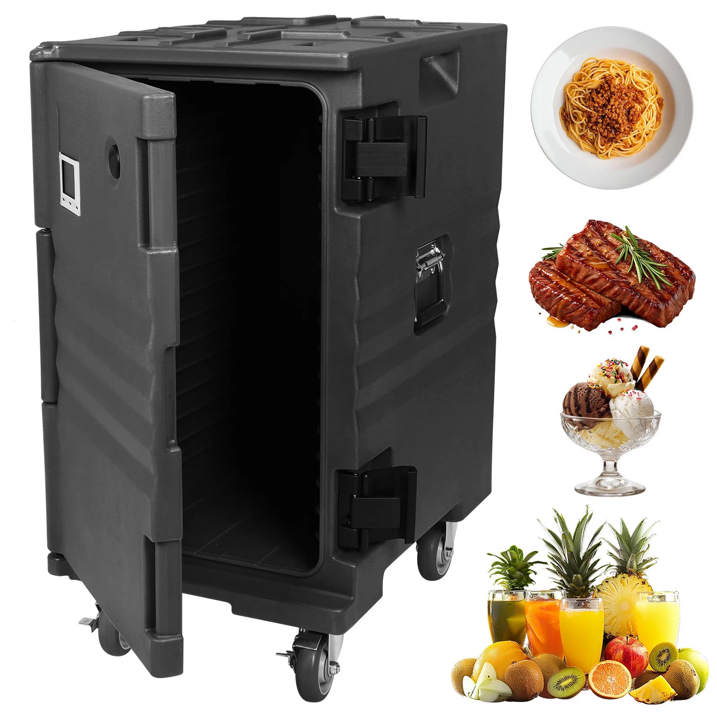 118QT Front Loading Insulated Food Pan Carrier Stackable Catering Dishbox with Wheels W/Handles for Restaurant Canteen