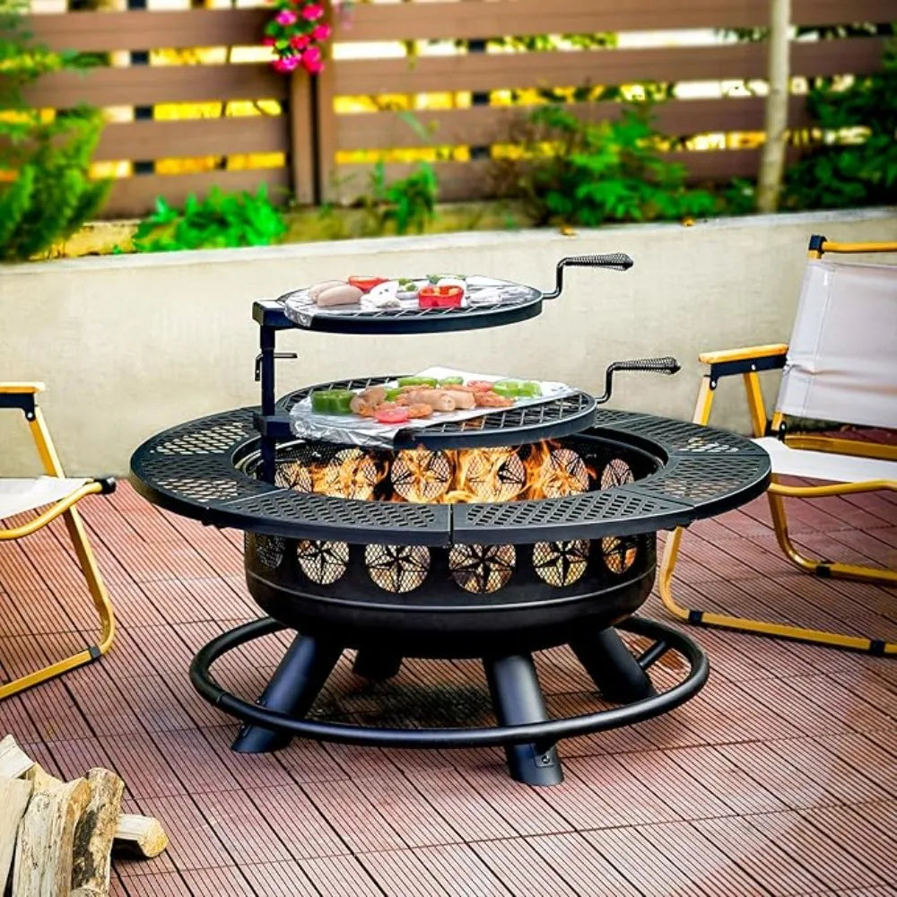 36 Inch Fire Pit with 2 Cooking Grills,Outdoor Wood Burning BBQ Firepit with Lid, 3-in-1 Outdoor Fire Pit for Backyard Deck