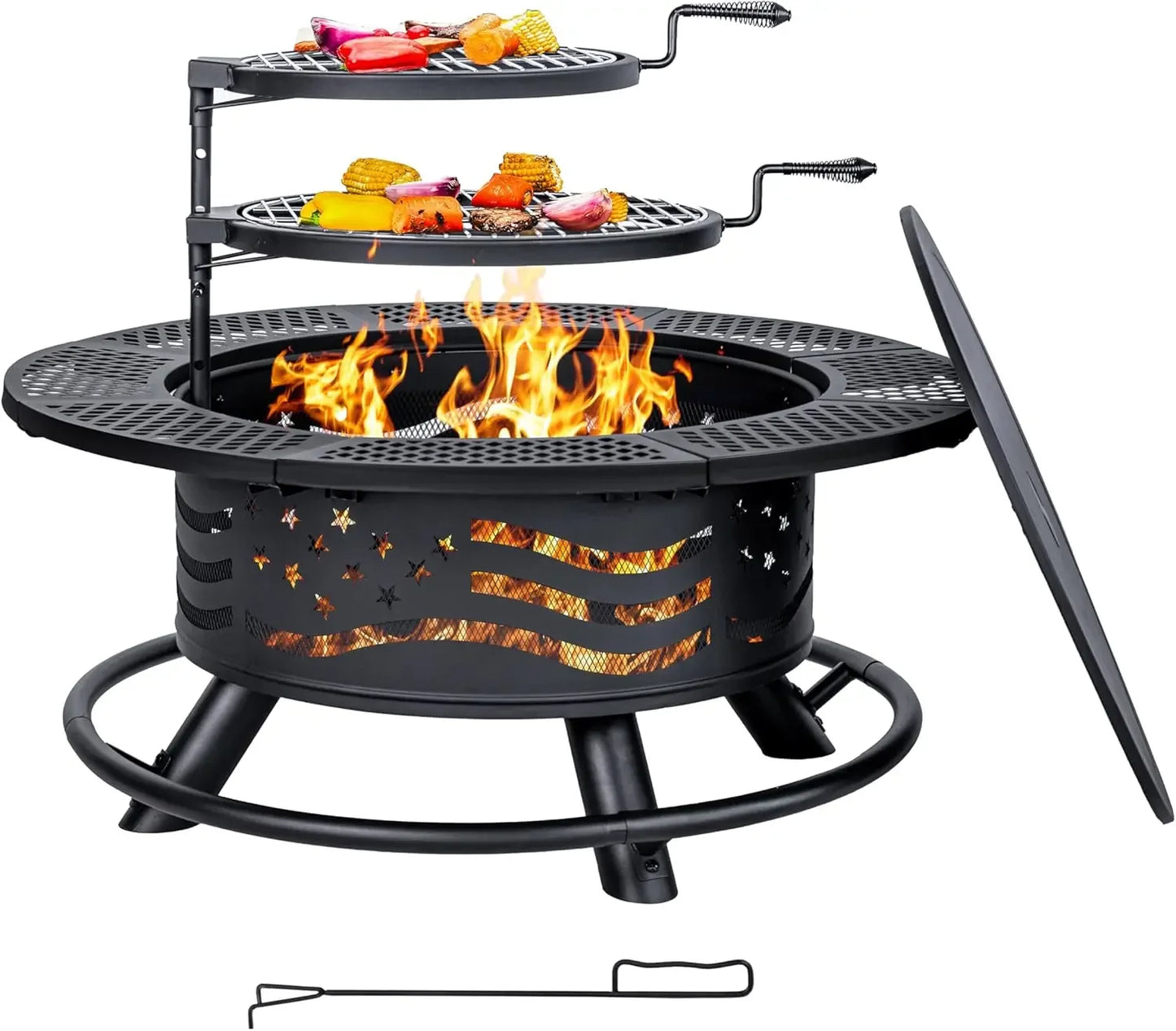 Fire Pit with 2 Cooking Grates, Outdoor Wood Burning BBQ Grill Firepit Bowl with Cover Lid, Steel Round Table for Customized