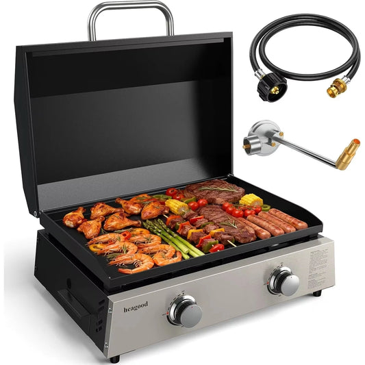 Flat Top Gill, Outdoor Griddle 22” Tabletop Gas Griddle with Hood for Outdoor Camping (24000 BTU, 2 Burner, Carbon Steel Plate)