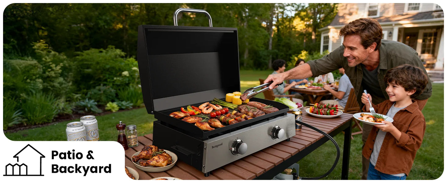 Flat Top Gill, Outdoor Griddle 22” Tabletop Gas Griddle with Hood for Outdoor Camping (24000 BTU, 2 Burner, Carbon Steel Plate)