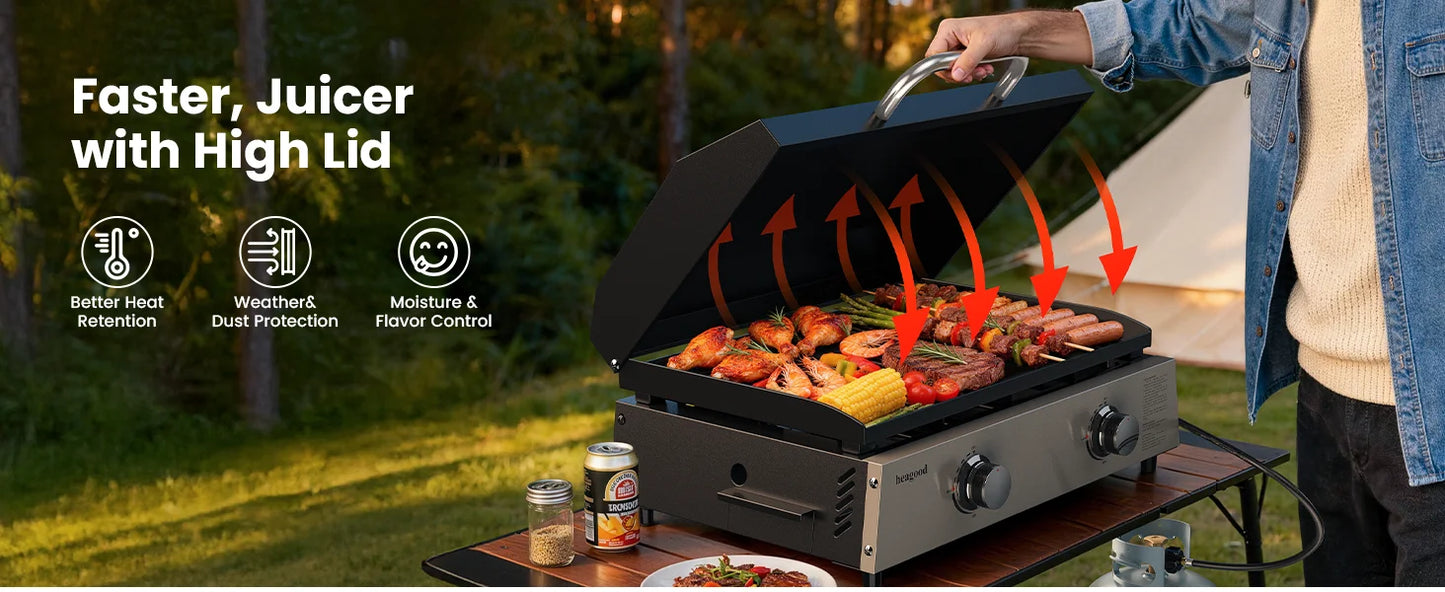 Flat Top Gill, Outdoor Griddle 22” Tabletop Gas Griddle with Hood for Outdoor Camping (24000 BTU, 2 Burner, Carbon Steel Plate)