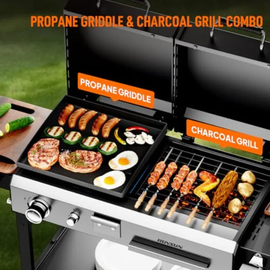 2-in-1 Propane Gas and Charcoal Grill Combo with Lid 12000BTU Flat Top Griddle Charcoal BBQ Grill with Electronic Ignition Enam