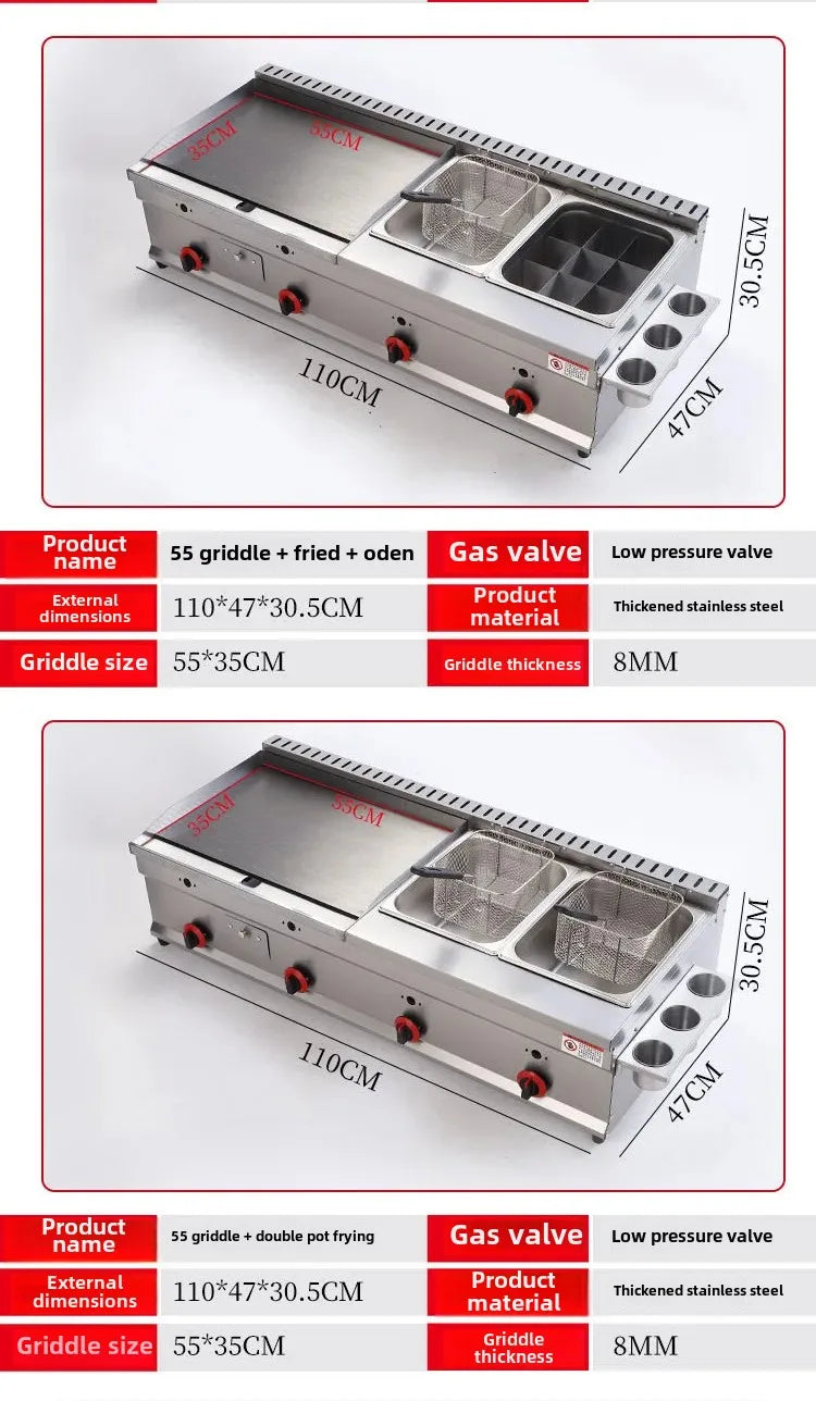 100-130cm Commercial Gas Teppanyaki Griddle & Fryer Combo | For Pancake & Braised Squid Grilling | Flat Top Cooking Station