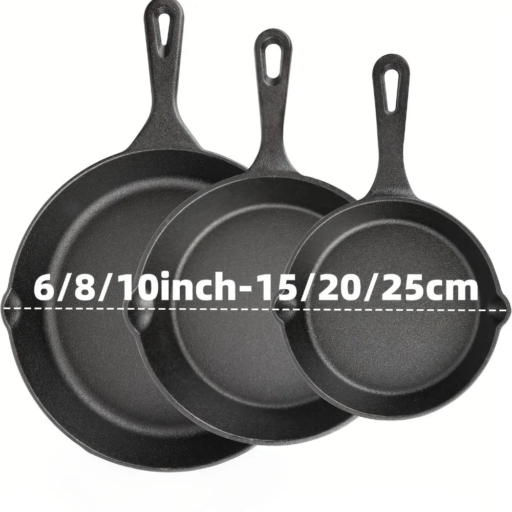 3-Piece Cast Iron Skillet Set (6/8/10 Inch) - Pre-Seasoned, Non-Stick, Heavy-Duty Pans for Oven, Grill & Campfire Cooking, see optional pizza pan