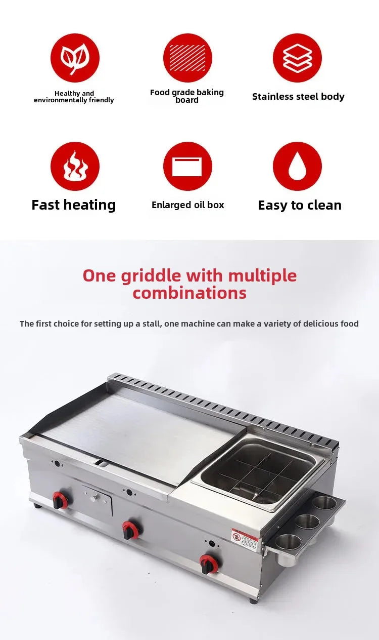 100-130cm Commercial Gas Teppanyaki Griddle & Fryer Combo | For Pancake & Braised Squid Grilling | Flat Top Cooking Station