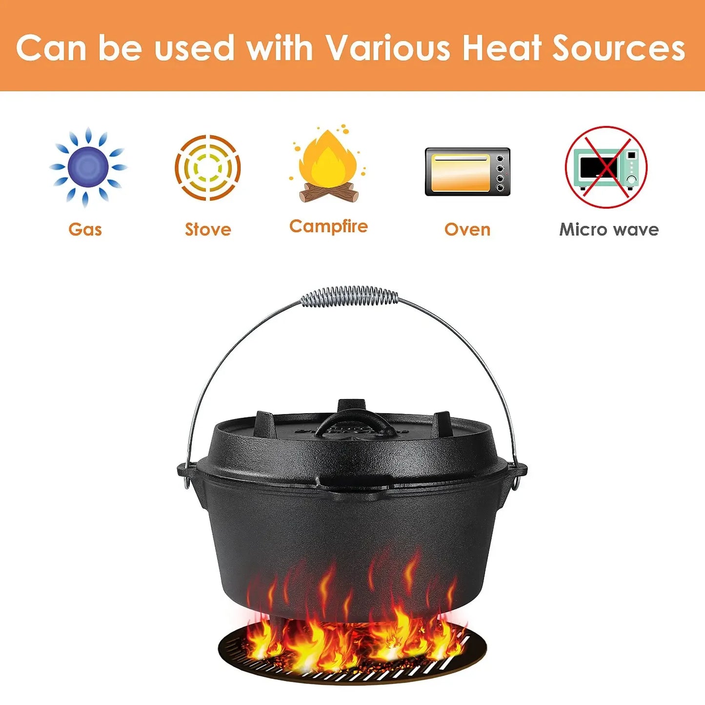 5/9/12.5 Quart Cast Iron Dutch Oven Camping Pot Outdoor Portable Multi-function Cookware Stew Barbecue Soup Picnic Pot