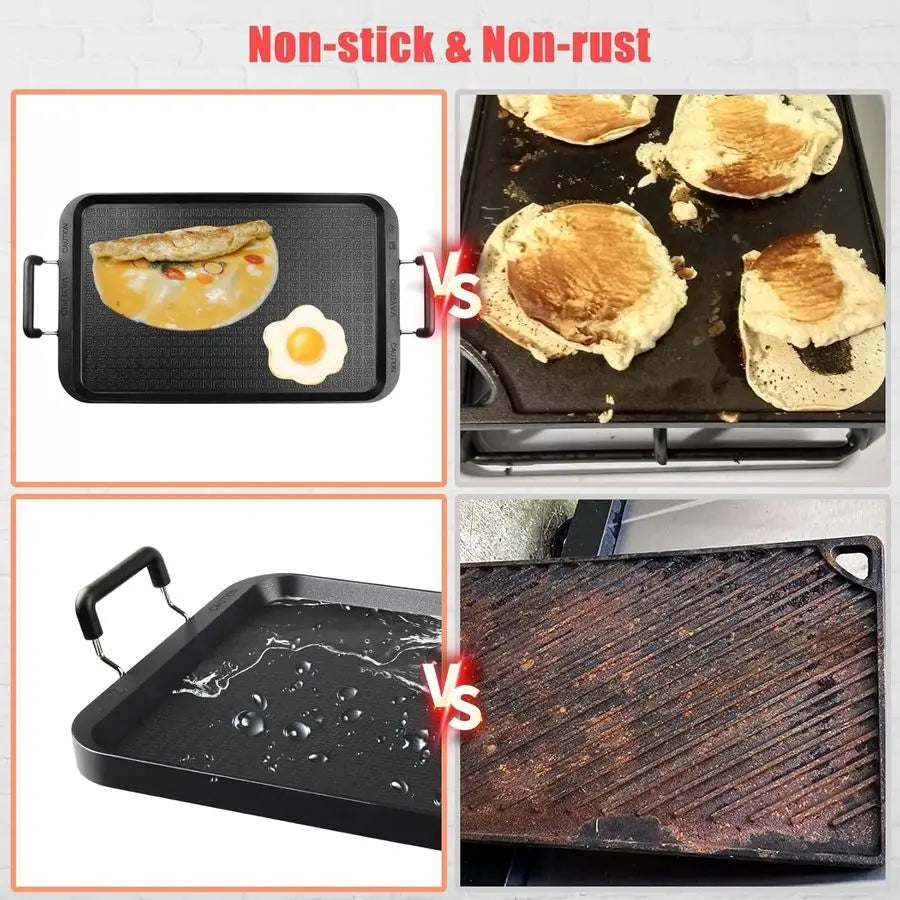 Stove Top Flat Griddle, 17 Inch 2 Burner Griddle Pan for Stove Top Grill, Aluminum Pancake pan, NonStick Charcoal Grill For Outd