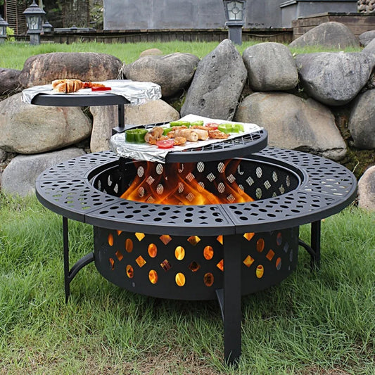 Fire Pit with Grills,Wood Burning Fire Pit for Outside with Lid,Poker and Round Waterproof Cover,BBQ& Outdoor Firepit,Customized