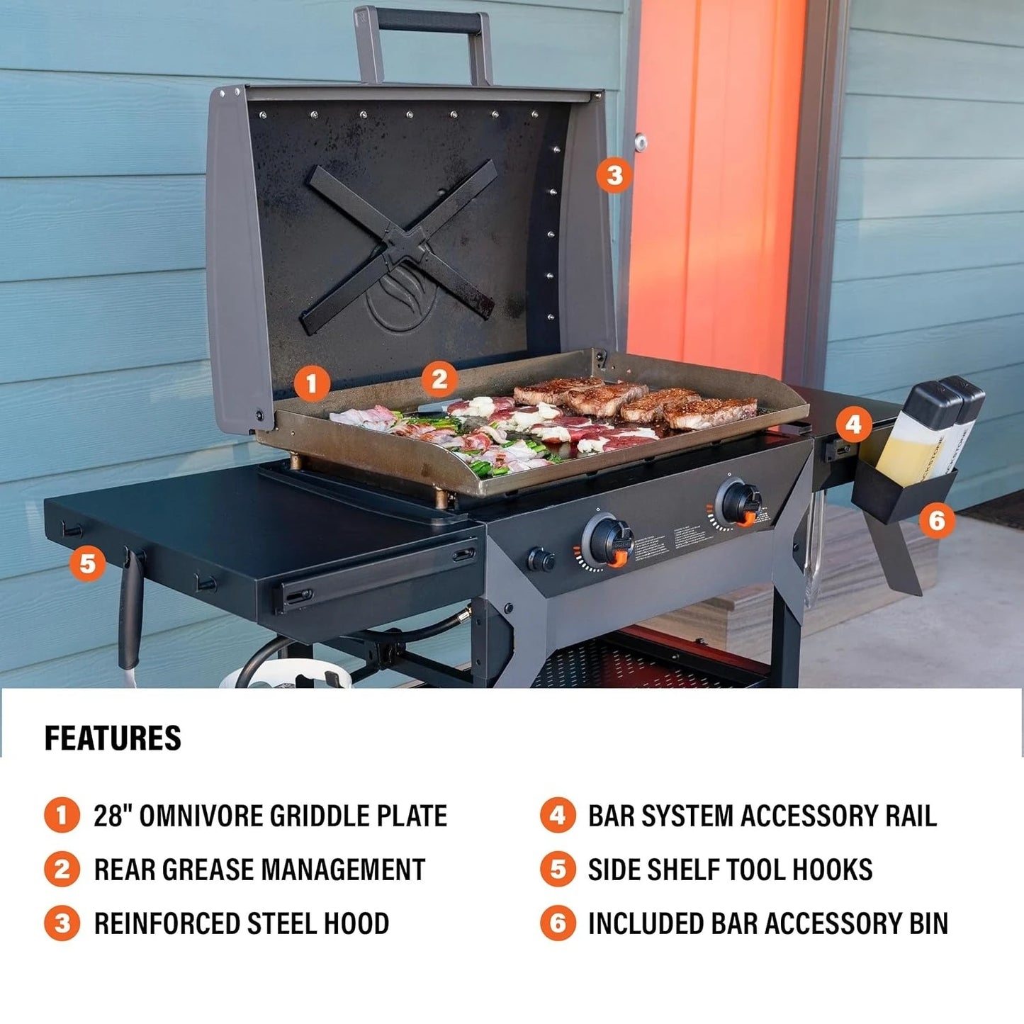 2311 Iron Forged 28” Omnivore Griddle with X-Braced Hood, Powder Coated Steel, Black, Customized