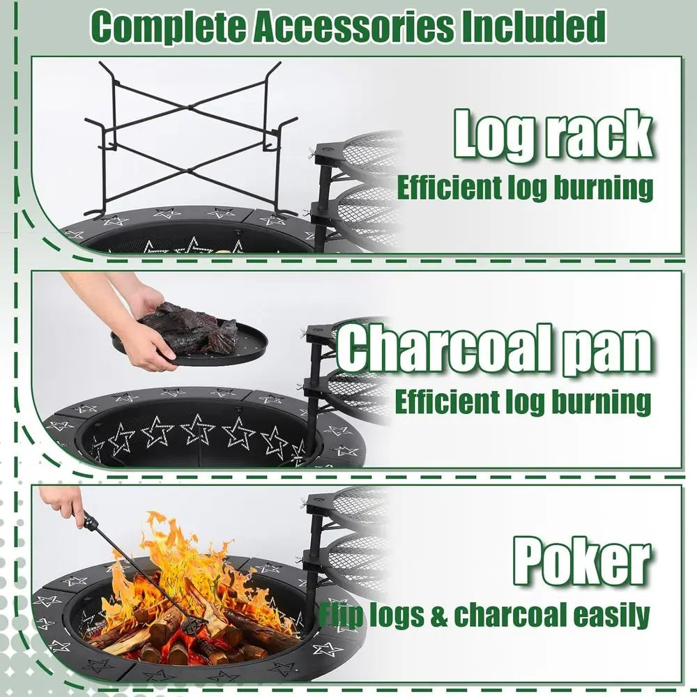 3-in-1 Outdoor Fire Pit Table: Wood-Burning, BBQ, and Patio Dining with Grills, Charcoal Pan, and Accessories