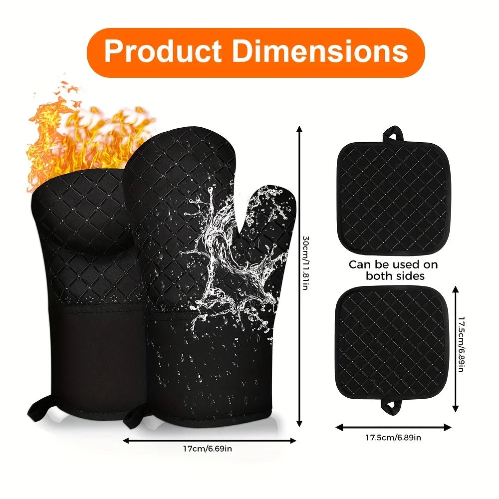 4pcs Oven Mitts & Pan Racks Set Extreme Heat Resistant Flexible & Cut-Resistant Gloves For BBQ Grilling Cooking Baking Welding