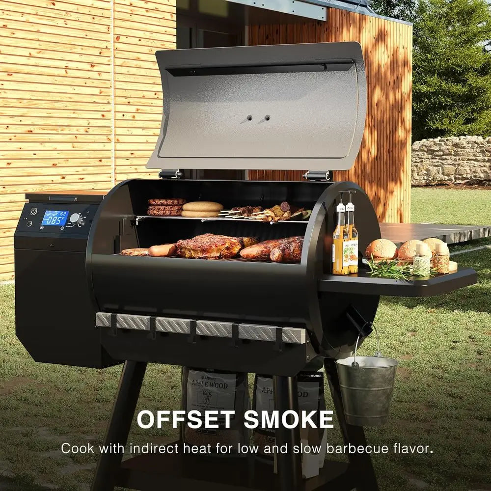 Wood Pellet Smoker Grill, 456 SQ. IN Cook Area, Auto-feed & Leg Waste, 500°F Max, 8-in-1 BBQ Grill with Meat Probe, Side Table &