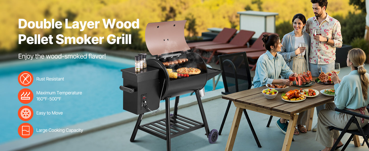 SucceBuy Wood Pellet Grill Smoker 8 in 1 BBQ Grills for Outdoor Cooking with Digital Controller Meat Probe 500°F Max Temperature