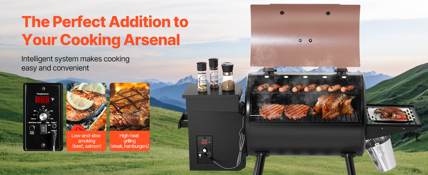SucceBuy Wood Pellet Grill Smoker 8 in 1 BBQ Grills for Outdoor Cooking with Digital Controller Meat Probe 500°F Max Temperature