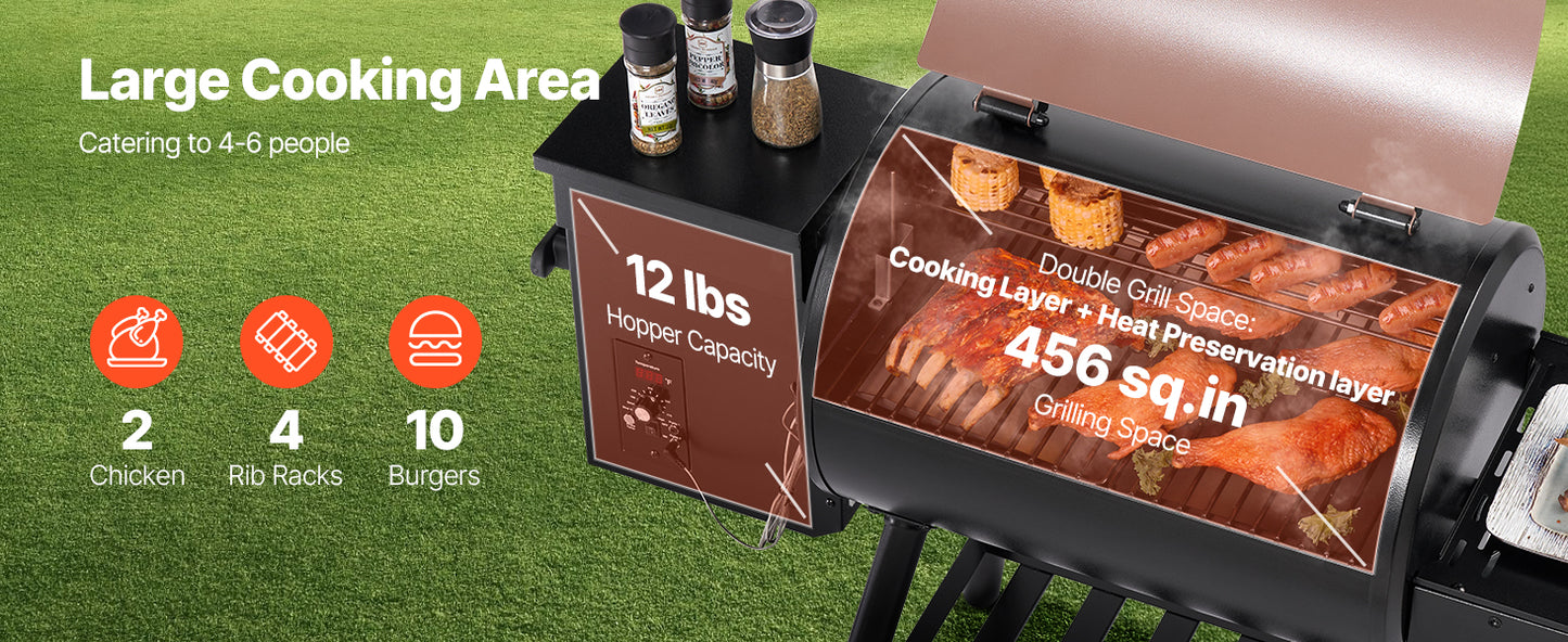SucceBuy Wood Pellet Grill Smoker 8 in 1 BBQ Grills for Outdoor Cooking with Digital Controller Meat Probe 500°F Max Temperature