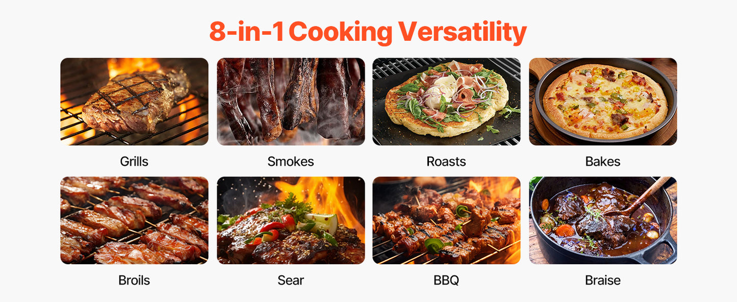 SucceBuy Wood Pellet Grill Smoker 8 in 1 BBQ Grills for Outdoor Cooking with Digital Controller Meat Probe 500°F Max Temperature